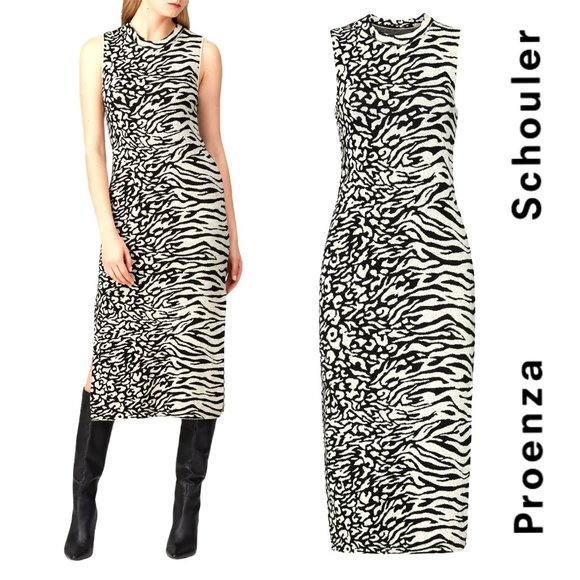 Proenza Schouler Dresses & Skirts - PROENZA SCHOULER Animal Jacquard Sleeveless Dress Black White Thick Knit Slits